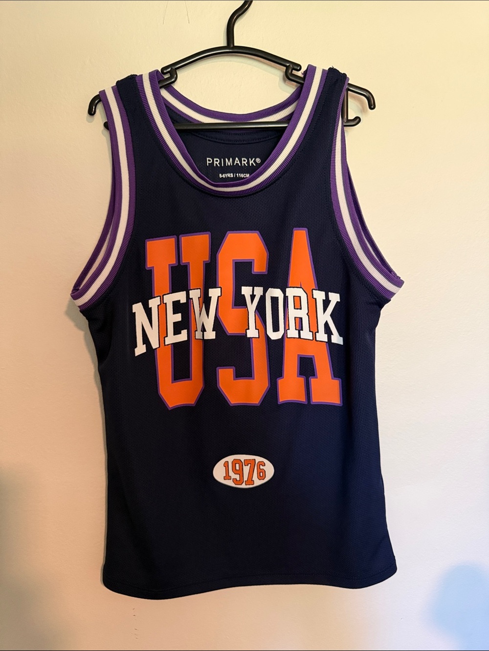 Primark Navy Tank with Orange & White USA Graphic. Knicks inspired